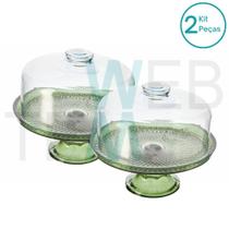 Kit 2 Boleiras de Vidro com Pé e Tampa Vitazza 28cm Verde Prato para Bolo e Doces, Decoração de Festas e Mesa Posta Elegante e Sustentável
