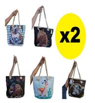Kit 2 Bolsas Feminina Lona c/ Alça de Cordas Estampa Sortida