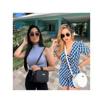 Kit 2 Bolsas Femininas Casual Preto Quadrada e Casual Branco Redonda Transversal Alça de Ombro