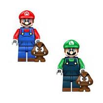 Kit 2 bonecos super mario bros luigi bloco de montar