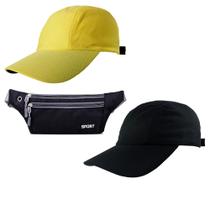 Kit 2 Bonés Esportivo Liso Preto, Amarelo E 1 Pochete Ultra Slim Com 3 Bolsos Ideal Para Corrida, Caminhada