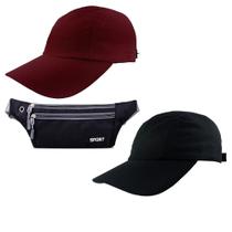 Kit 2 Bonés Esportivo Liso Preto, Bordo E 1 Pochete Ultra Slim Com 3 Bolsos Ideal Para Corrida, Caminhada