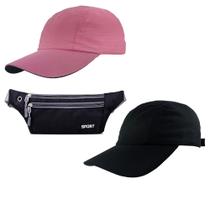 Kit 2 Bonés Esportivo Liso Preto, Rosa Chiclete E 1 Pochete Ultra Slim Com 3 Bolsos Ideal Para Corrida, Caminhada