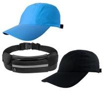 Kit 2 Bonés Liso Esportivo Unissex Preto, Azul E 1 Pochete Ajustável Impermeável Com Saída Para Fone De Ouvido