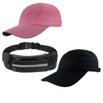 Kit 2 Bonés Liso Esportivo Unissex Preto, Rosa Chiclete E 1 Pochete Ajustável Impermeável Com Saída Para Fone De Ouvido