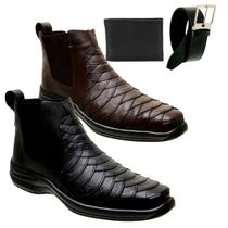 Kit 2 Bota Coturno Casual em Couro Escamado Solado Costurado Flex + Carteira + Cinto