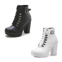 Kit 2 Bota Feminina Cano Curto Coturno Salto Alto Tratorada Fivela Moderna