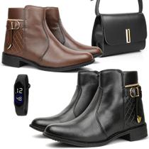 Kit 2 Botas Casual Feminino Zíper Fivela Elegante e Bolsa Transversal e Relógio Digital