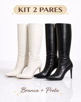 Kit 2 Botas Femininas Croco Branca + Preta Salto Fino