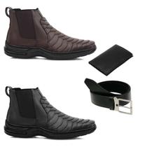 Kit 2 Botina Bota Escamada Masculina Couro Ortopédico Confort Antistress Macia Cinto Carteira