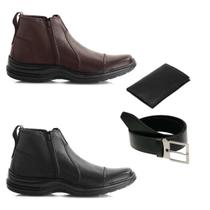 Kit 2 Botina Bota Masculina Couro Ortopédico Confort Antistress Macia Cinto Carteira 7030 Kit 2 Botina Bota Masculina Couro Ortopédico Confort Antistress Macia Cinto Carteira 7030