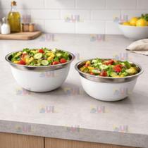 Kit 2 Bowl Inox Tigela 14CM + 16CM BASE BRANCA PREMIUM Fundo Grosso Bacia Saladeira Tigela Moderna
