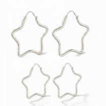 Kit 2 Brincos Argola Estrela 3 E 4 Cm Prata Legitima 925