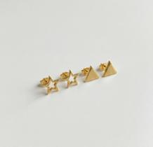Kit 2 Brincos Estrela e Triangulo Delicado Pequeno Folheado a Ouro 18k