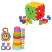 Kit 2 Brinquedo Educativo Encaixar Empilhar Bebê 1 ano Presente Menino Menina Criança Didatico Cubo - Mercotoys