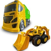 Kit 2 Brinquedos Caminhão Coletor E Trator Reto-Escavadeira Presente Menino Kit 2 Brinquedos Caminhão Coletor E Trator Reto-Escavadeira Presente Menino