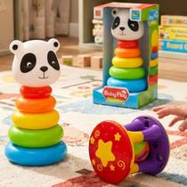 Kit 2 Brinquedos Didático BebêTorre Chocalho Com Bolinha E Ursinho Empilha Argola Educativo Monta e Desmonta Pedagóico Criança 1 Ano