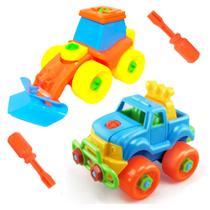 Kit 2 Brinquedos Didáticos de Montar com Chave Carrinhos Educativos Trator e Jipe