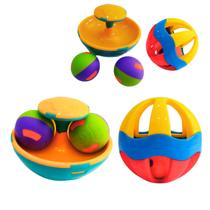 Kit 2 brinquedos didáticos para bebê - pião gira ball e chocalho com bolinha e barulhinho