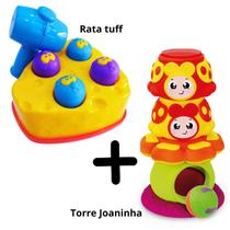 Kit 2 brinquedos didáticos para bebê - torre joaninha de empilhar e bate martelo rata tuff
