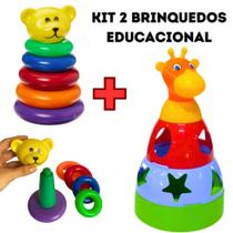 Kit 2 Brinquedos Educativo Bebe Empilhar Colorido Didático Girafa + Ursinho Certificado Inmetro