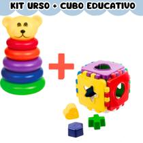 Kit 2 Brinquedos Educativo Meu amigo Ursinho + Cubo Didático com Peças para Encaixar