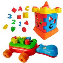Kit 2 brinquedos educativos com peças de encaixar - castelo interativo e hipopótamo - Divplast