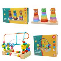 Kit 2 Brinquedos Educativos em Madeira, Aramado Montanha Russa com Animais e Torre de Empilhar com 3 Torres,