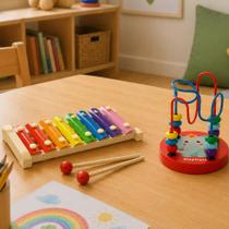 Kit 2 Brinquedos Educativos Montessori Aramado Montanha Russa e Xilofone Musical