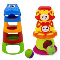 Kit 2 brinquedos para bebê torres de encaixar - torre joaninha com asas e torre hipopótamo infantil