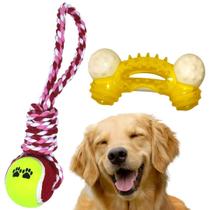 KIT 2 Brinquedos Pet interativos para Cães Osso de Nylon Mordedor puxador Bola Corda