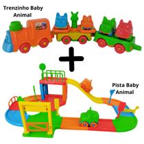 Kit 2 brinquedos pista interativa e trenzinho baby pedagógico infantil com carrinhos