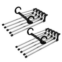 Kit 2 Cabide Multifuncional 5 Divisórias Retrátil Inox Organizador Vertical Horizontal de GuardaRoupa Ideal para Calças, Bermudas, Saias, Gravatas
