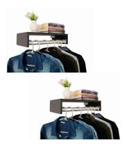 Kit 2 Cabideiros Preto Mdf De Parede 1,00 Metro Arara Quarto