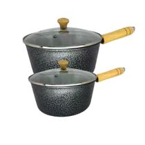 Kit 2 Caçarolas Alumínio Craqueado Tampa Vidro Madeira 18 e 20 cm Kit 2 Caçarolas Alumínio Craqueado Tampa Vidro Madeira 18 e 20 cm