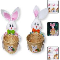Kit 2 Cachepot de Pascoa Coelhinho Palha Decorativo 13cm