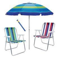Kit 2 Cadeira Alta Alumínio + Guarda Sol 2,4 metros + Saca Areia - Mor