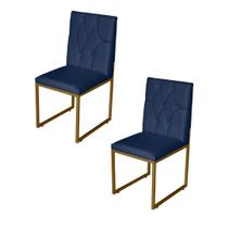 Kit 2 Cadeira de Jantar Escritorio Industrial Malta Capitonê Ferro Dourado Suede Azul Marinho - Móveis Mafer