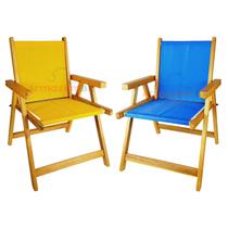 Kit 2 Cadeira De Madeira Dobrável Para Lazer Jardim Praia Piscina Camping Amarelo E Azul - AMZ