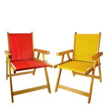 Kit 2 Cadeira De Madeira Dobrável Para Lazer Jardim Praia Piscina Camping Vermelho E Amarelo - AMZ