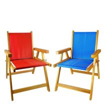 Kit 2 Cadeira De Madeira Dobrável Para Lazer Jardim Praia Piscina Camping Vermelho E Azul - AMZ