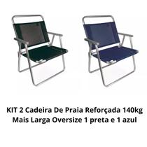 KIT 2 Cadeira De Praia Reforçada 140kg Mais Larga Oversize Mor PRETA/AZUL