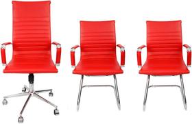 Kit 2 Cadeira Esteirinha Em Couro e 1 Cadeira Presidente Giratória Vermelho - BERING