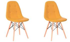 Kit 2 Cadeira Estofada Eames Eiffel Botonê Mostarda Base Madeira