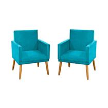 Kit 2 Cadeira Poltrona Para Sala de Estar Quarto Decorativa Confortável Nina C/Rodapé Pés Madeira Pálito Suede Azul Turquesa