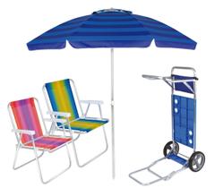 Kit 2 Cadeira Praia Alta Listrada Alumínio + Guarda Sol 2m + Carrinho Com Avanço - Mor Kit 2 Cadeira Praia Alta Listrada Alumínio + Guarda Sol 2m + Carrinho Com Avanço - Mor