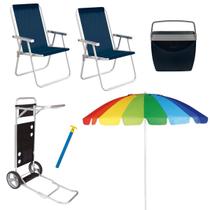 Kit 2 Cadeira Praia Conforto Guarda Sol Carrinho Cooler Mor