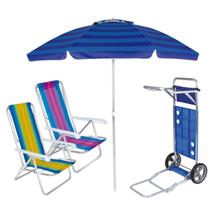 Kit 2 Cadeira Praia Reclinável 8 Pos Alumínio + Guarda Sol Articulado 2m + Carrinho Com Avanço - Mor