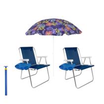 Kit 2 Cadeiras Aluminio Sannet + Saca Areia + Guarda Sol + Porta Copos Mor