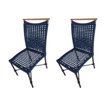Kit 2 Cadeiras Anne Corda Náutica Detalhe Em Madeira Base Alumínio Preto-azul Marinho - Cor: Azul
